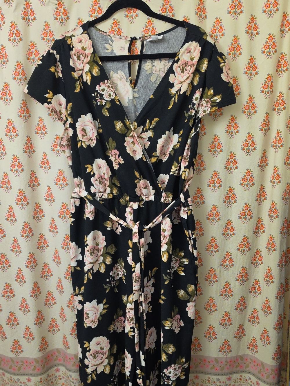 LuLaRoe Wide Leg Romper Black with Pink Floral Print